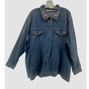 Vintage Victoria Jones Woman Denim Jacket 2X Floral Embroidered Collar Cotton